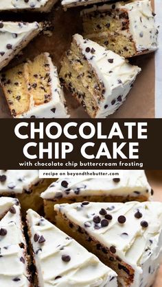 a chocolate chip cake with white frosting and chocolate chips on top is cut into squares