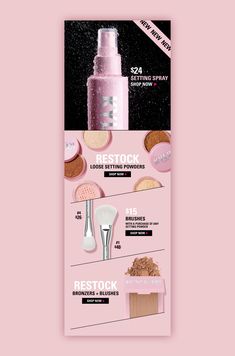 an advertise for makeup products on a pink background with the words restock