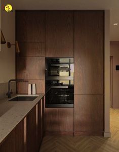 a kitchen with wooden cabinets and an oven