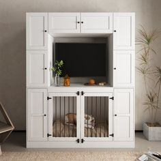 a white entertainment center with two dogs in it