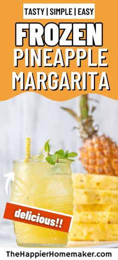 frozen pineapple margarita with stack of pineapple slices and pineapple in background Pineapple Margarita Recipe Pitcher, Frozen Pineapple Cocktail, Pineapple Margarita Recipe On The Rocks, Pineapple Margarita Frozen, Jalapeño Pineapple Margarita, Pineapple Margarita, Frozen Margaritas, Frozen Cocktails, Frozen Pineapple