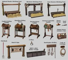 various types of horse tacks and saddles for horses, with descriptions on them