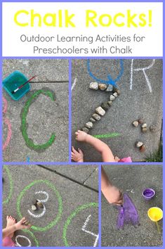 children's hands and feet are drawn on the pavement with chalk, rocks and letters