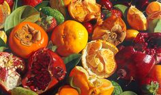 an oil painting of oranges and pomegranates with leaves on them