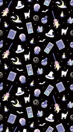 a black background with purple and blue images on it, including books, cats, and other things