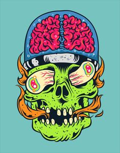 a green skull wearing a blue helmet with red hair and eyes on it's head