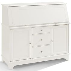 a white cabinet with drawers and doors on the bottom shelf is shown in front of a white background