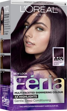 Multi-Faceted shimmering color with 3X highlights delivers intensified, brilliant results. Inspired by fashion, Feria's prismatic color spectrum is custom-blended for bold, head-turning shades. The Power Shimmer Conditioner hydrates and conditions so hair is never wrecked or ravaged. Soft Black Hair Color, Blue Black Hair Color, Edgy Hair Color, Violet Hair Colors, Loreal Paris Makeup, Dark Purple Hair, Blue Black Hair