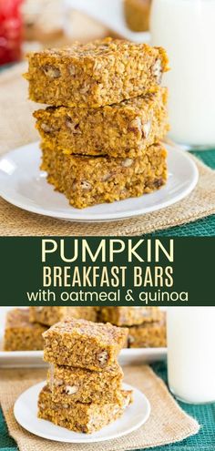 pumpkin breakfast bars with oatmeal and quinoa stacked on each other