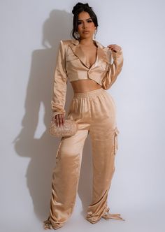 Obsession Silk Cargo Pant Set Nude, a luxurious and stylish two-piece outfit for women Silk Cargo Pants Outfit, Silk Cargo Pants, Wedding Swimwear, Dress Work Outfit, Diva Boutique, Cargo Pants Outfit, Silk Outfit, Straight Crop Jeans, Stretch Top