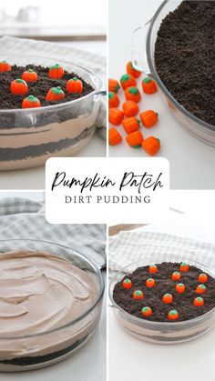 pumpkin patch dirt pudding in a pie pan with chocolate frosting and candy candies