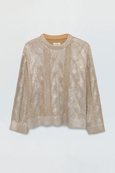 Breathable woven cotton crafted with a flattering drape in a pullover crewneck silhouette. Offered in a coated cable fabrication, Gilded Castle is a warm, light brown with a rose gold metallic sheen. One Piece Clothing, Metallic Sweater, Cotton Crafts, Silver Coat, Brown Shades, Cable Sweater, Cozy Chic, Romper With Skirt, Woven Cotton