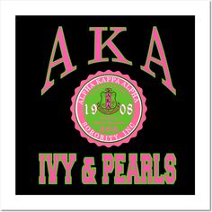 the logo for aka ivy & pears is shown in pink and green on a black background