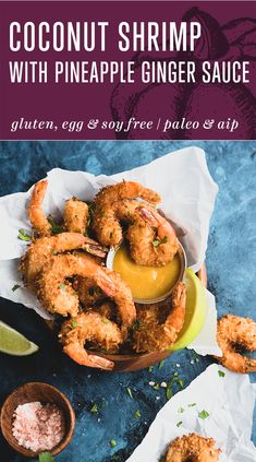 coconut shrimp with pineapple ginger sauce in a bowl next to two small bowls of dipping sauce