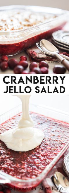 cranberry jello salad on a plate with spoons