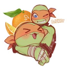 a drawing of a teenage mutant holding an orange