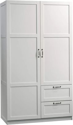 a white armoire with two doors and drawers