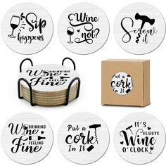 six coasters with wine sayings in black and white, one for each drink