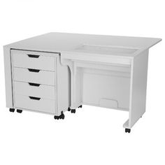 an office desk with three drawers and two file cabinets on casteors, all in white