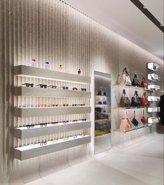 the inside of a women's clothing store with several shelves holding purses and handbags