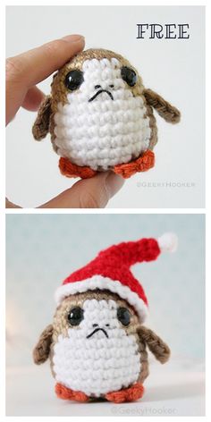 there is a small crocheted stuffed animal wearing a santa hat