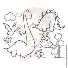 a black and white drawing of two dinosaurs in front of volcanos with leaves on the ground