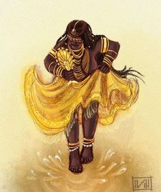 a drawing of a woman dressed in yellow and black, sitting on the ground with her hands behind her back