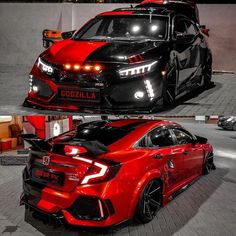 two pictures of the front and side of a red honda civic type car with its lights on