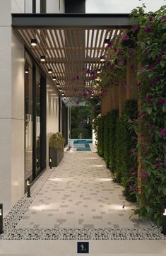 an outdoor covered walkway leading to a pool surrounded by greenery and flowers on either side of the building