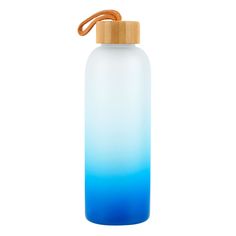 a blue and white water bottle with a wooden lid