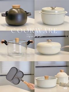 there are four pictures of different pots and pans