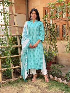 Green Ikkat Kurti, Festive Cotton Ikat Print Dupatta, Ikkat Dress Materials, Ikkat Dupatta, Ikkat Cotton Dress Materials With Price, Women Kurta, Cotton Set, Suit Designs