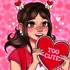 a girl holding a heart with the words too cute on it