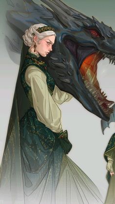 an image of a woman with a dragon's head on her shoulder and dress