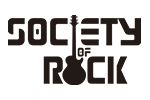 the society of rock logo is shown in black and white, with an electric guitar