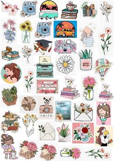 an assortment of stickers with flowers and pictures on them