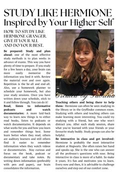 The Ultimate Study Like Hermione Granger Guide | Be The First In Your Class | Study Tips and Advice  How to study like Hermione Granger. Give it your all and do your best. Be prepared: Study and plan ahead. Read, listen to informative podcasts and watch documentaries. Teaching others and being there to help them.Be interactive in class and get involved.  #study #studyguide #studymotivation #motivationalwall #studyguide #studyadvice #characterinspiration #reachinggoals #personaldevelopement #smart #girlboss #smartgirl   Created by Sabrina  For reposting, credit or removal DM.   Much love <3 Study Like Hermione Granger, Hermione Granger Study, Give It Your All, Buku Harry Potter