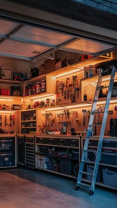 the garage is full of tools and supplies, including ladders to keep things organized