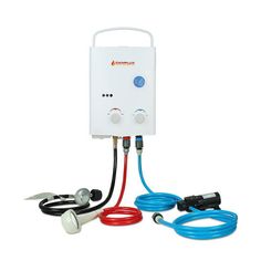 the tankless water heater is connected to two hoses and an extension cord