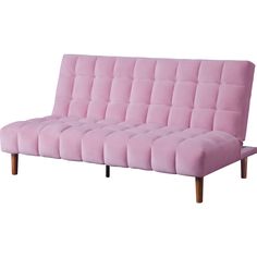 a pink futon sofa with wooden legs