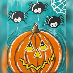 an acrylic painting of halloween pumpkins with spider webs on them and eyes