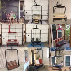 several different types of metal and wood furniture on display in front of a house with two children sitting on the bench