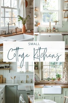 small cottage kitchen with green cabinets and white appliances, including a sink, window, counter top