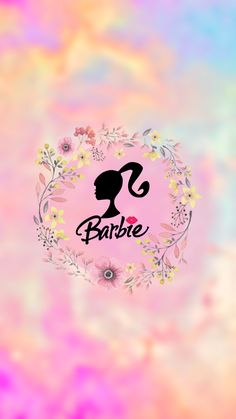 the logo for barbie's hair salon is shown on a pink background with flowers and leaves