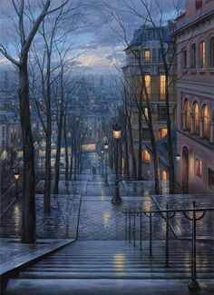 an oil painting of a city street at night with stairs leading up to the building