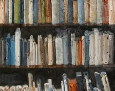 an oil painting of bookshelves full of books