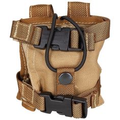 the back side of a tan pouch with black buckles and an adjustable belt on it