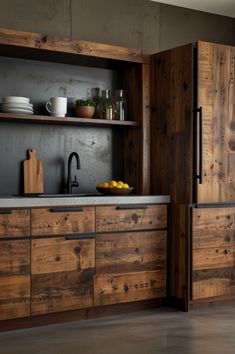 a kitchen with wooden cabinets and stainless steel appliances