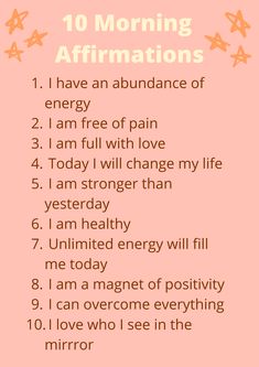 the ten morning affirmations list is shown on a pink background with stars