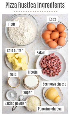 the ingredients to make pizza are shown in separate bowls and labeled on each side, including eggs